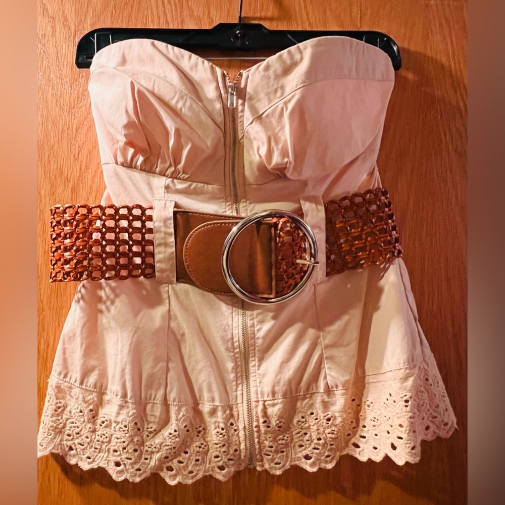 2B Bebe Cream Strapless Tank Top with Brown Belt